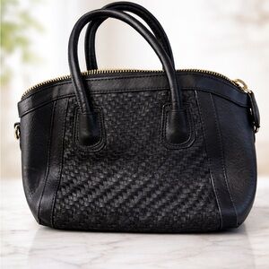 Madison West Black Woven Leather Satchel Crossbody Gold Hardware
